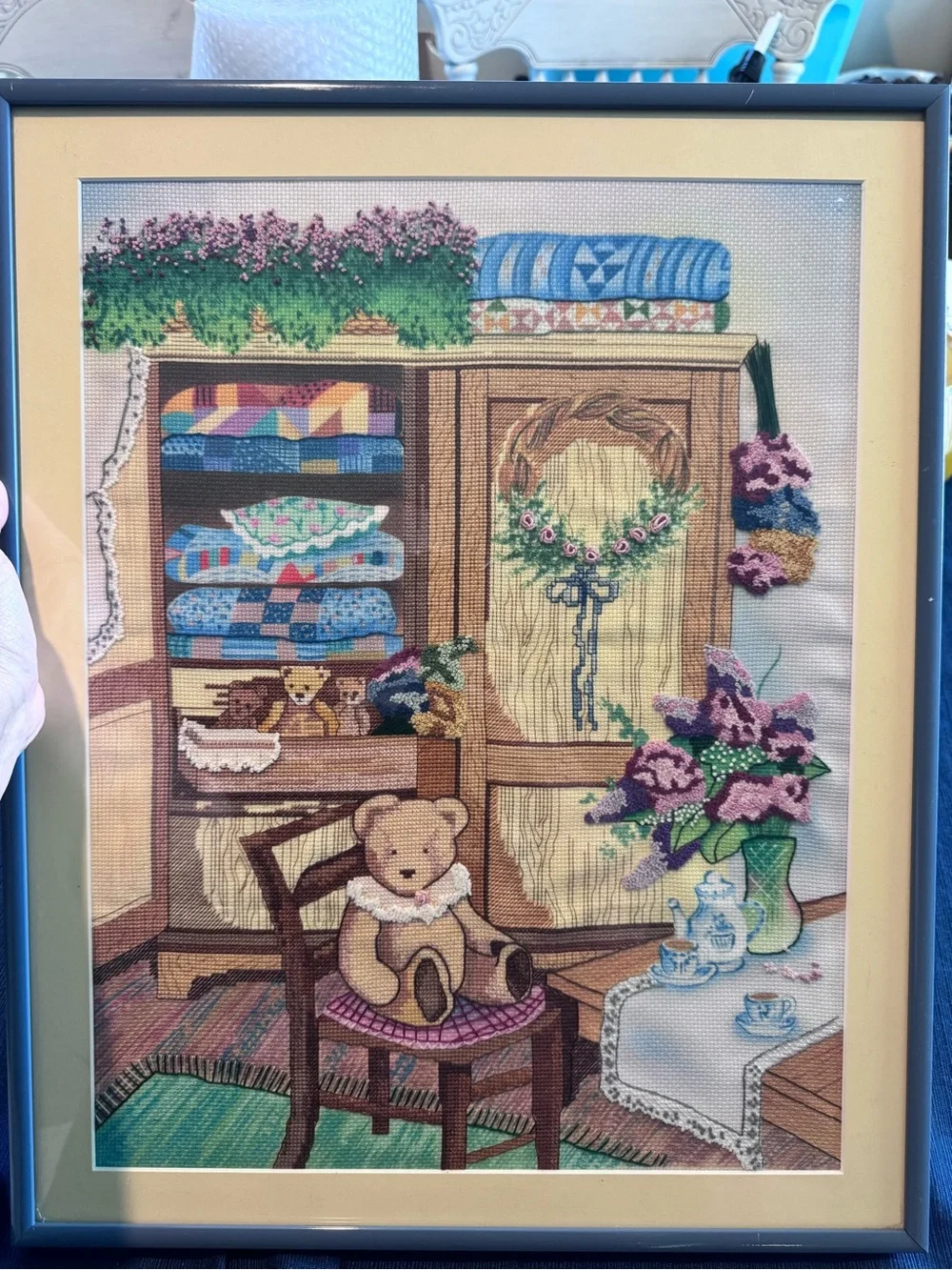 Framed Cross-Stitch Teddy Bear Cottage Core Granny Core Picture